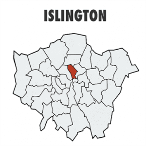 line map of London showing borough boundaries with Islington coloured red