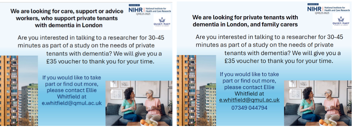 Two posters, side by side, calling for families, carers and advisors of people living with dementia. Text reads "Are you interested in talking to a researcher for 30-45 minutes?" The photo shows a Black women with an afro and a glass of water, sitting on a sofa beside a white women with close-cropped grey hair and heavy black spectacle frames, who is holding a mug. They are engaged in a lively conversation.
